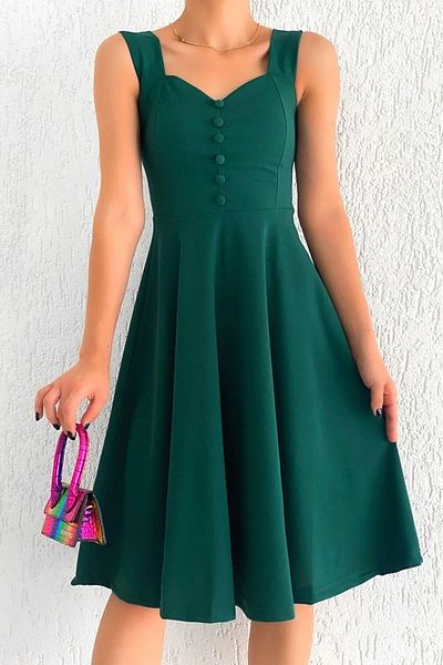 sharin Πράσινο Crepe Midi Flared φόρεμα με λουράκι και κουμπί 14c-2102