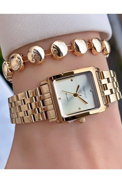 Ferrucci Marka Altın Renk Çelik Kare Kasa 2 Yıl Garantili Kadın Kol Saati - Bileklik Hediyeli
