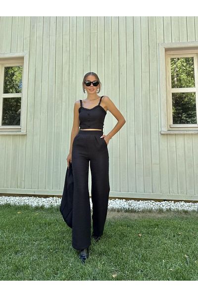 Gökyüzü Moda Black Strappy Bustier Jacket and Pants Set