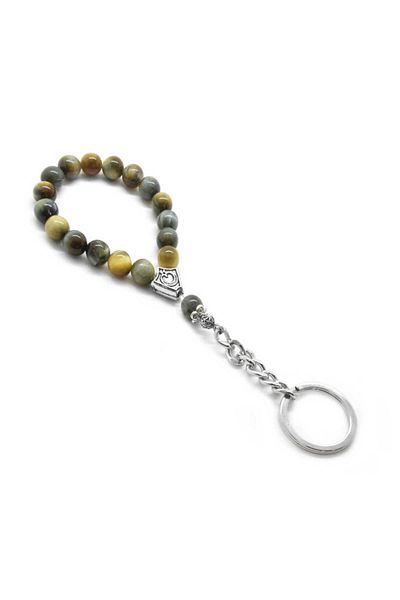 Tesbihane Yellow-gray Turtle Eye Natural Stone-steel Combination Rosary Keychain