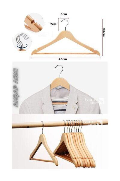 Takaz Global Ahşap Dolap İçi Naturel Pantolon , Ceket ve Düzenleme Askısı 6 ADET