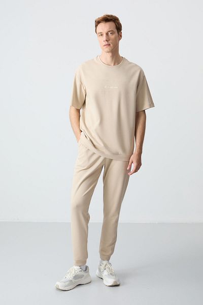 AIR JONES Σετ ανδρικής φόρμας από βαμβακερό μπεζ Oversize - Χοντρό απαλή υφή - 85261