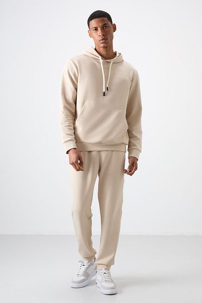 AIR JONES Μπεζ βαμβακερή χοντρή απαλή υφή Comfort Fit κεντημένη ανδρική φόρμα - 85255