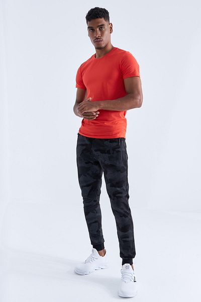 TOMMY LIFE Μαύρο καμουφλάζ με μοτίβο καμουφλάζ Slim Fit Jogger Ανδρικό παντελόνι φόρμας - 84754