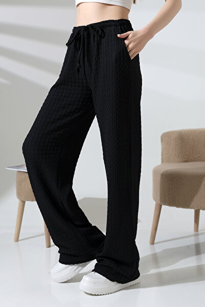 Endies Elastik Yüksek Belli Desenli Kumaş Kadın Salaş Pantolon 21959 SİYAH