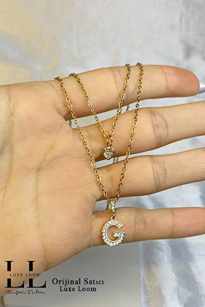 Luxe Loom Zarafetin Işıltısı Kadın Kararmayan Çelik Gold Zirkon Taşlı Küçük Kalpli G Harfli Çift Katman Çelik Kolye 006