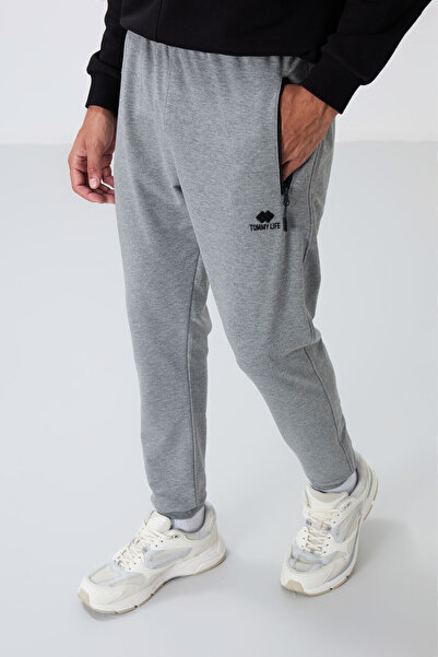 TOMMY LIFE Gri Melanj Fermuar Cepli Standart Kalıp Jogger Erkek Eşofman Alt - 84651