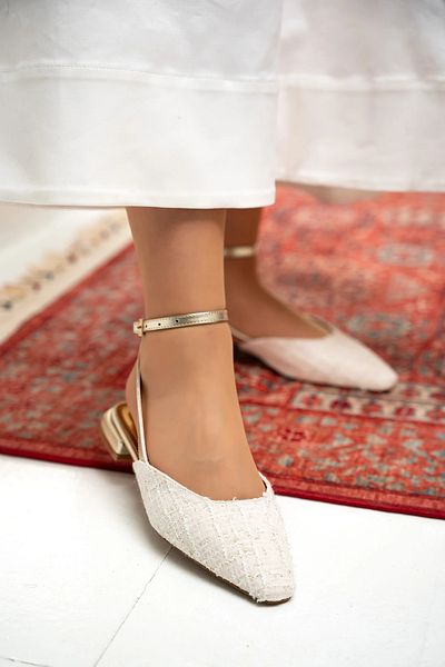 LAMİNTA Balerini de damă Owen White Tweed cu toc joasă