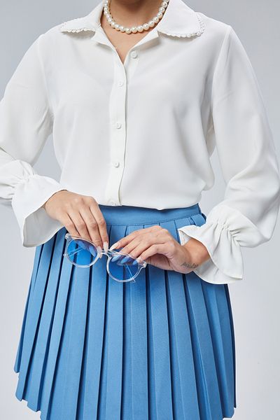 EMMAS CLOTHİNG Women's Ecru Drawstring Sleeve Lace Collar Detailed Woven Shirt