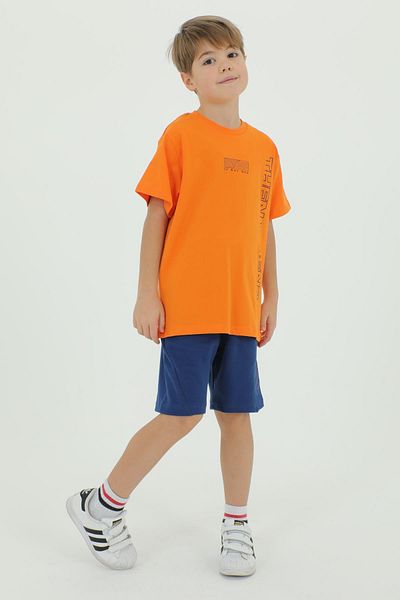 Black One Crew Neck Boy's Print Detailed T-Shirt and Shorts Double Set
