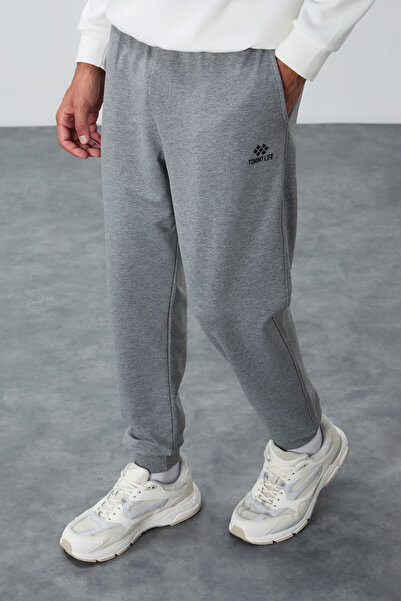 TOMMY LIFE Gri Melanj Klasik Cepli Standart Kalıp Manşetli Erkek Eşofman Alt - 84652