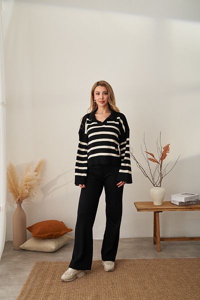 Rabia Çelik Women's Black Striped Elastic Waist Knitwear Sweater Pants Bottom Top Set