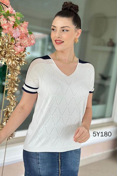 İnce Topuk Diamond Pattern Sleeve Striped Knitwear Blouse 5Y180