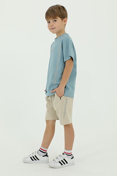 Black One Crew Neck Boy's Print Detailed T-Shirt and Shorts Double Set