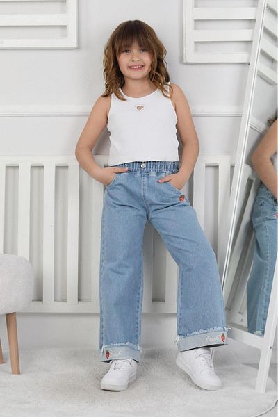 Zuzu Pantaloni din denim pentru fete cu detaliu broderie de căpșuni