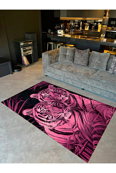 Rugs Modern Halı İnci Koleksiyonu Siyah Pembe İki Kaplan Desenli Dokuma Taban...