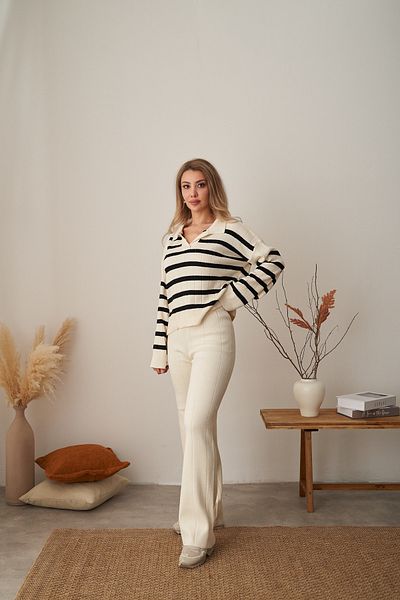 Rabia Çelik Women's Cream Striped Elastic Waist Knitwear Sweater Pants Bottom Top Set