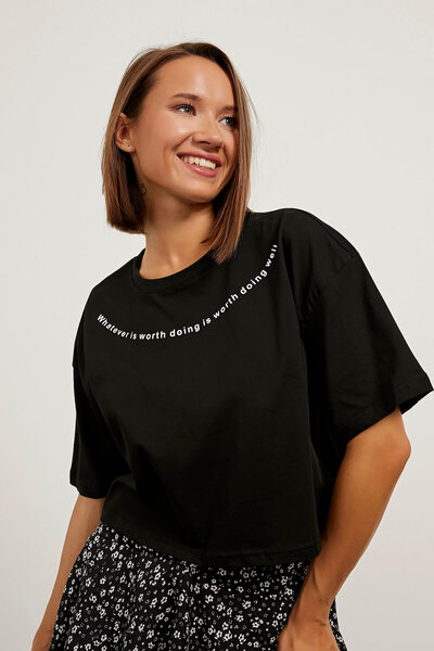 Arma Life Γυναικείο μπλουζάκι με στάμπα με κοντό μανίκι, φαρδύ μαύρο Crop T-shirt