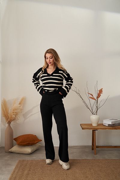 Rabia Çelik Women's Black Striped Elastic Waist Knitwear Sweater Pants Bottom Top Set
