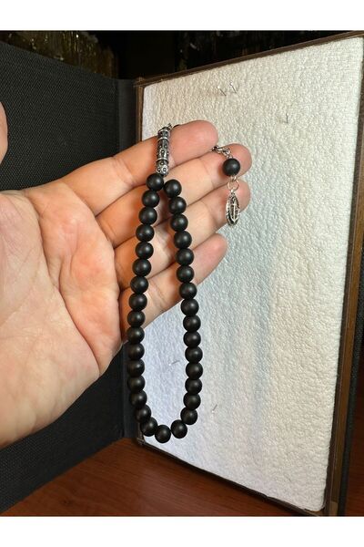 ÖMER ALTUN مسبحة من حجر العقيق مقطوعة على شكل كرة 6 ملم لون أسود مطفي هدية T-283