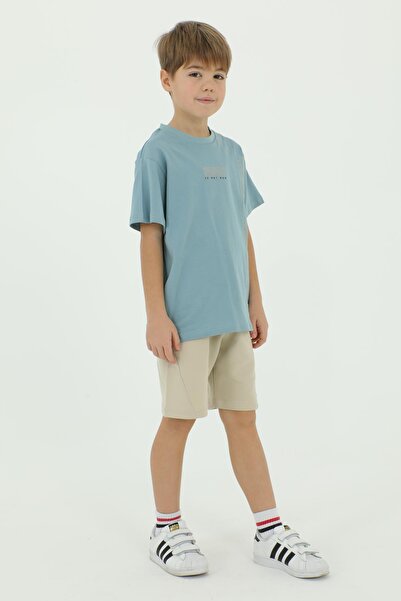 Black One Crew Neck Boy's Print Detailed T-Shirt and Shorts Double Set