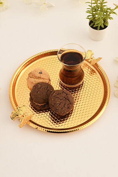 AKSESUAR EVRENİ Iren Yuvarlak Petek Model Kelebek Detaylı Sunum Tepsisi Gold ...