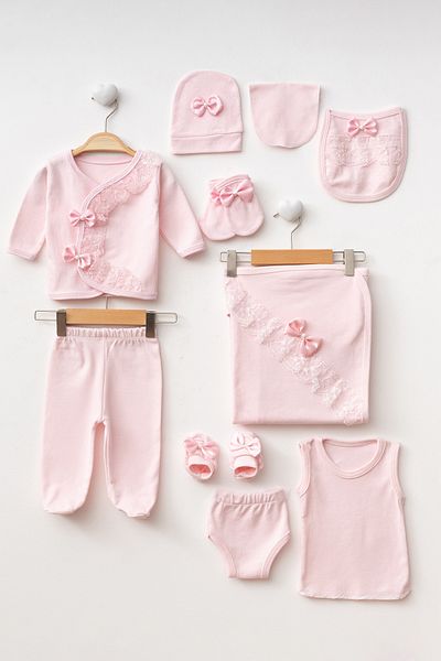 Ponpon Baby طقم خروج من المستشفى للفتيات الصغيرات مكون من 10 قطع من الدانتيل الوردي