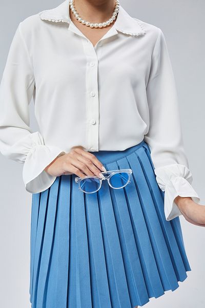 EMMAS CLOTHİNG Women's Ecru Drawstring Sleeve Lace Collar Detailed Woven Shirt