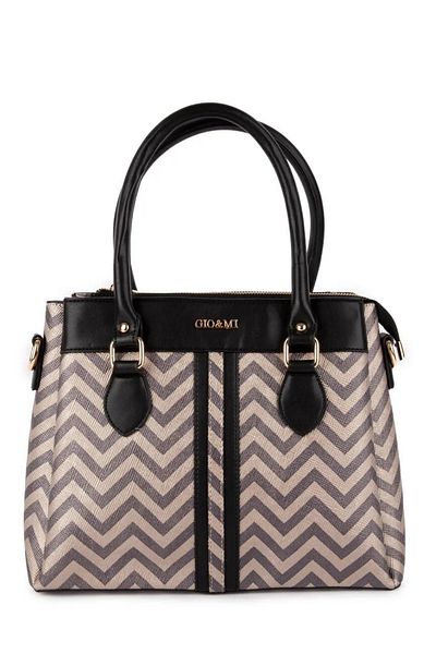 gio&mi Elvin Women's Gold Zigzag Patterned Multi-Compartment Zippered Hand and Shoulder Bag