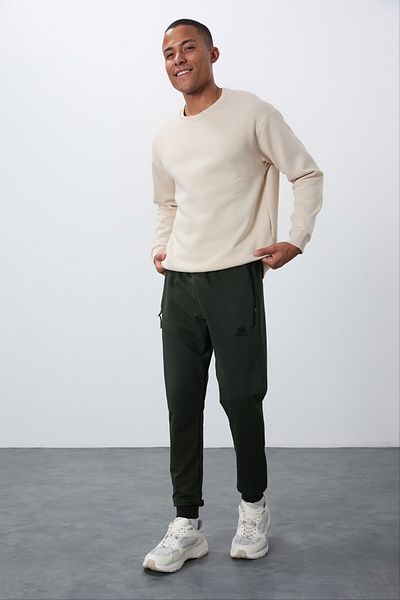 TOMMY LIFE Pantaloni de sport Jogger pentru bărbați - kaki, cu fermoar și buzunare, potrivire standard - 84651