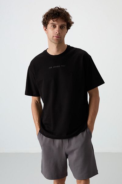 AIR JONES Tricou pentru bărbați cu imprimeu supradimensionat, cu suprafață groasă, din bumbac negru - 88364
