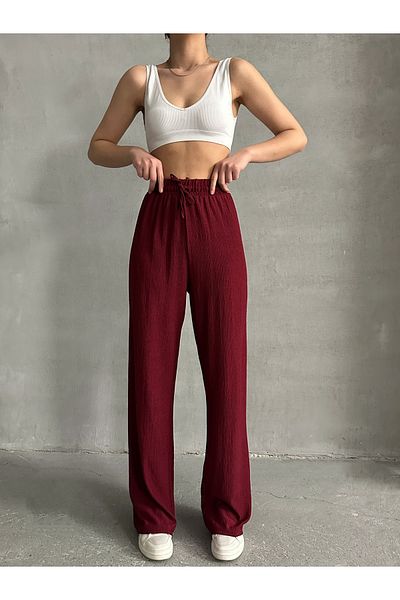 BEJNA Burgunderfarbene Palazzo-Hose mit elastischem Bund für Frauen