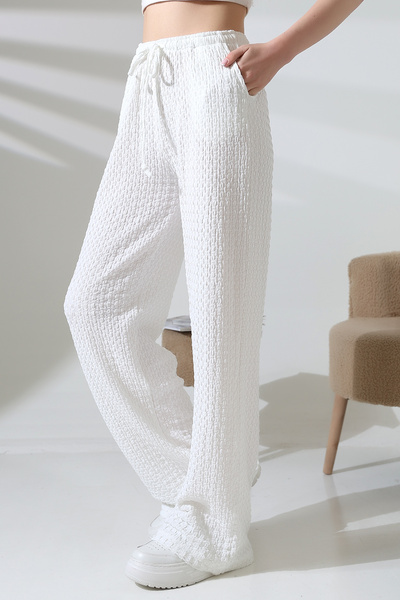 Endies Elastic High Waisted Patterned Fabric Women's Loose Trousers 21959 Ecru