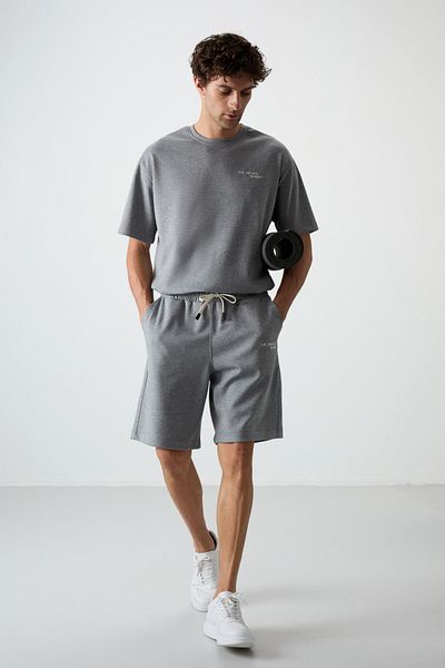 AIR JONES Gray Melange Cotton Thick Soft Textured Oversize Fit Embroidered Men's Shorts Set - 85250