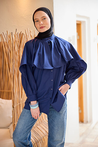 LOCCO Γυναικείο πουκάμισο με μανίκια με διπλό γιακά Navy Blue