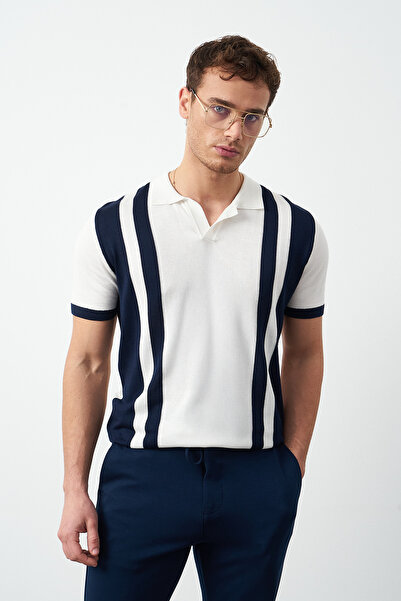 Mesfeno Ανδρικό μπλουζάκι πλεκτό με ριγέ υπερμεγέθη γιακά πόλο