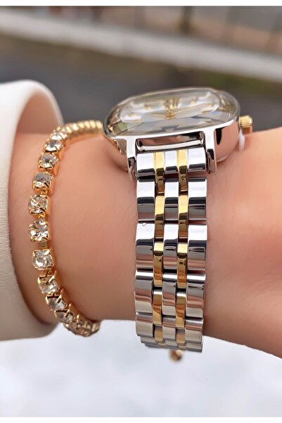 Ferrucci Brand Yellow Silver Color Steel Square Small Case Thin Band Women's Wristwatch - Bracelet Gift