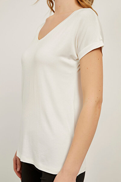 Arma Life Women's Loose V-Neck Short Sleeve Loose Viscose Ecru T-Shirt