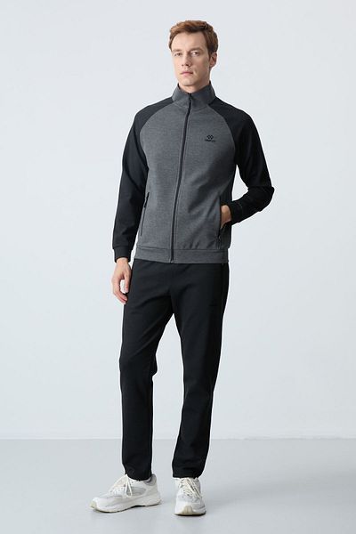 TOMMY LIFE Anthracite - Black Stand Collar Double Color Pohodlná forma Classic Leg Pánská tepláková souprava - 85113