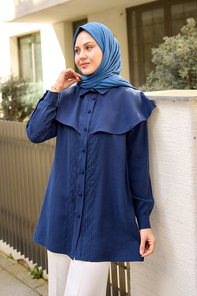 LOCCO Γυναικείο πουκάμισο με ραφές Navy Blue