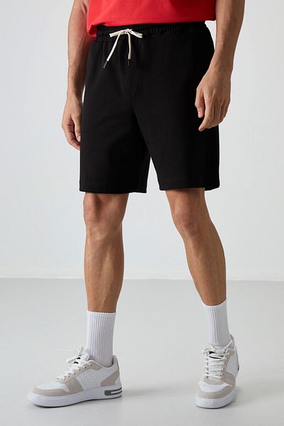 AIR JONES Μαύρο βαμβακερό χοντρό ανδρικό σορτς Comfort Fit Basic με απαλή υφή - 81274