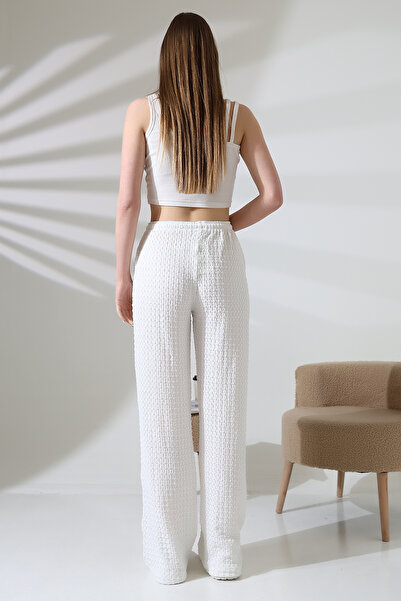 Endies Elastic High Waisted Patterned Fabric Women's Loose Trousers 21959 Ecru