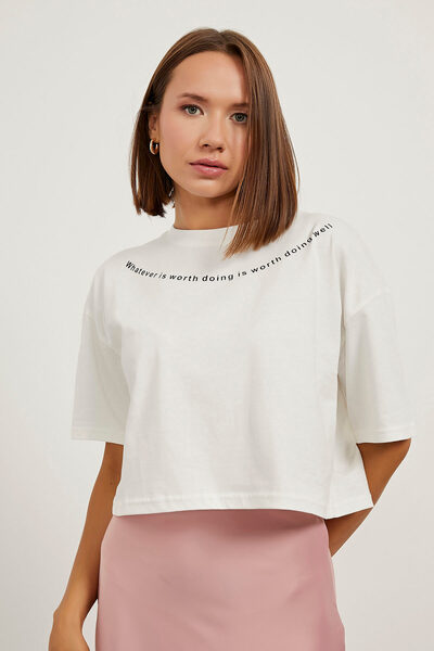 Arma Life Tricou de damă cu mânecă scurtă cu imprimeu text, largi, ecru