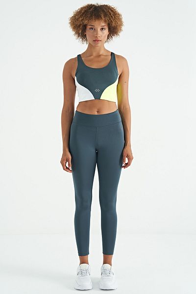 TOMMY LIFE Forest Green Logo Printed Color Blocked Back Cross Detailed Diving Fabric Women's Bustier - 97260