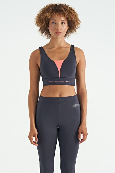 TOMMY LIFE Bustieră pentru femei din țesătură de scufundări slim fit cu imprimeu text antracit - 97271