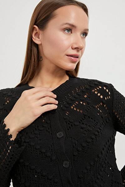 Arma Life Kadın Rustik Kısa Yazlık Ajurlu Siyah Crop Hırka