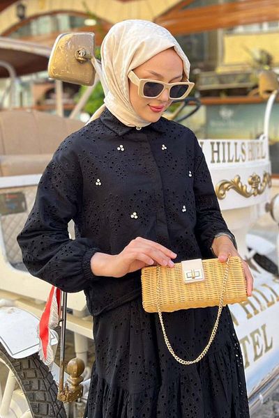 benguen Stone Detailed Scallop Skirt Suit Black 1427
