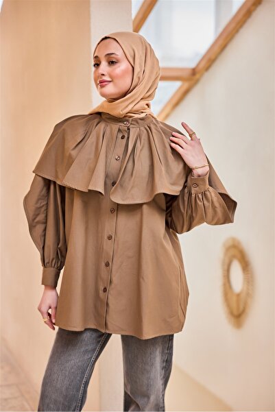 LOCCO Γυναικείο πουκάμισο με δύο γιακά με μπαλόνι σε καφέ χρώμα