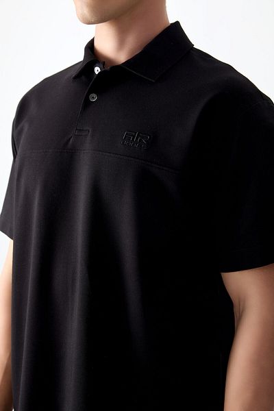AIR JONES Tricou pentru bărbați, bumbac negru, gros, texturat moale, guler polo oversize, de bază - 88382