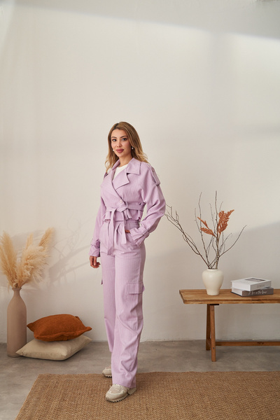 Rabia Çelik Kadın Lila Çizgili Kargo Pantolon Kısa Trençkot Takım Elbise